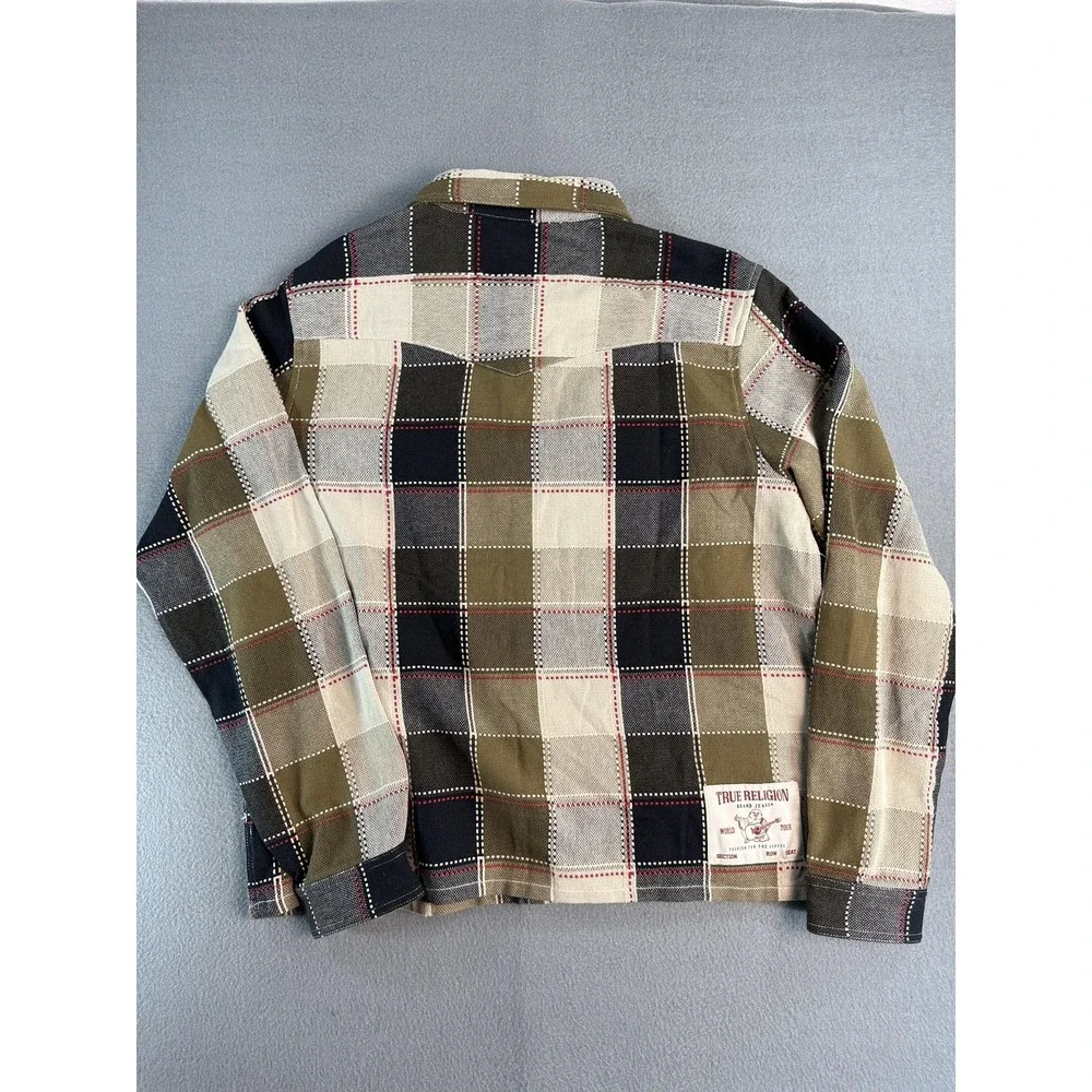 True Religion Shirt Mens Medium Plaid Western Pearl Snap Button Up Casual